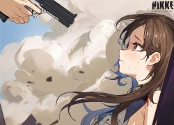  1boy 1girl aiming at_gunpoint blood blue_hair blue_necktie brown_eyes brown_hair collared_shirt colored_inner_hair commander_(nikke) copyright_name crying dust_cloud finger_on_trigger goddess_of_victory:_nikke gun holding holding_gun holding_weapon injury long_hair looking_at_another marian_(nikke) multicolored_hair necktie shirt sleeveless sleeveless_shirt streaming_tears tears weapon white_shirt xiduoch 