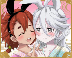  2girls :d ^_^ ahoge animal_ears black_hairband blue_kimono border brown_border chinese_zodiac closed_eyes closed_mouth collarbone commentary_request fake_animal_ears grey_eyes grey_hair gundam gundam_suisei_no_majo hairband hand_up holding_hands interlocked_fingers japanese_clothes kimono long_hair low_ponytail miorine_rembran multiple_girls open_mouth oshiruko_(uminekotei) pink_kimono ponytail rabbit_ears red_hair short_eyebrows smile suletta_mercury thick_eyebrows upper_body year_of_the_rabbit 