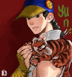  1boy absurdres animal baseball_cap black_eyes black_hair braid character_name chinese_clothes feeding fingerless_gloves gloves hat highres hqzt22340256 lips male_focus parted_lips red_background shirt simple_background sleeveless smile solo street_fighter street_fighter_iii_(series) tail tiger tiger_cub white_shirt yellow_gloves yun_lee 