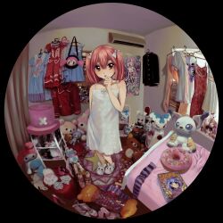  1girl absurdres ayanami_rei bare_shoulders bed bedroom commentary copyright_request digimon dress fisheye full_body hand_up highres honekoneko_(psg) indoors loaded_interior looking_at_viewer m40u medium_hair messy_room neon_genesis_evangelion one_piece original panty_&amp;_stocking_with_garterbelt parted_lips pink_hair red_eyes rei_chikita reisen_udongein_inaba rilakkuma san-x short_twintails sleeveless sleeveless_dress slippers solo standing tailmon touhou twintails unworn_clothes unworn_dress unworn_socks white_dress white_footwear 