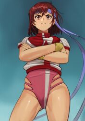  1980s_(style) 1girl angry blue_headband breasts brown_eyes brown_hair closed_mouth crossed_arms frown gunbuster_pose headband highres leotard looking_at_viewer medium_breasts michibata_anko oldschool pink_leotard purple_leotard retro_artstyle shiny_skin short_hair solo standing takaya_noriko thighs top_wo_nerae! wristband yellow_wristband 