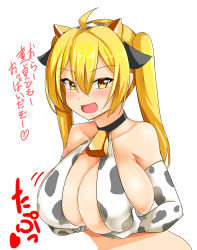 1girl ahoge animal_print bell blonde_hair blush breast_hold breasts choker cleavage cow_girl cow_print cowbell hair_between_eyes highres huge_breasts kirome_(kamipaper) looking_at_viewer neck_bell open_mouth original saaya_(kirome) simple_background smile solo twintails virtual_youtuber white_background yellow_eyes rating:Questionable score:58 user:danbooru