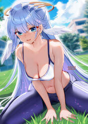  1girl :d bare_arms bare_shoulders blue_eyes blue_hair blue_nails commentary crop_top earrings facial_mark grass head_wings highres honkai:_star_rail honkai_(series) jewelry leggings long_hair looking_at_viewer midriff nail_polish navel open_mouth pants purple_pants robin_(honkai:_star_rail) sitting smile solo spaghetti_strap sports_bra squchan stomach thighs very_long_hair wings 