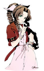  1girl aerith_gainsborough bangle belt_buckle bracelet braid braided_ponytail breasts brown_hair buckle buttons cat_princess choker cleavage closed_mouth cowboy_shot cropped_jacket dress final_fantasy final_fantasy_vii final_fantasy_vii_rebirth final_fantasy_vii_remake finger_to_mouth flower_choker green_eyes hair_ribbon hand_on_own_hip jacket jewelry long_dress long_hair looking_at_viewer medium_breasts parted_bangs pink_dress pink_ribbon red_jacket ribbon short_sleeves sidelocks single_braid smile solo wavy_hair white_background 