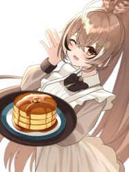  1girl :d ahoge alternate_costume apron brown_dress brown_eyes brown_hair butter crossed_bangs dress food hair_between_eyes hair_ornament hairclip hand_up highres holding holding_tray hololive hololive_english long_hair looking_at_viewer maple_syrup nanashi_mumei one_eye_closed open_mouth pancake pancake_stack plate ponytail ribbon shishi_cc smile syrup tray upper_body very_long_hair virtual_youtuber waitress 
