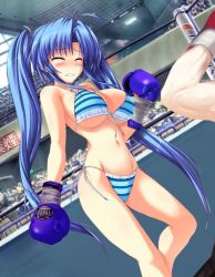  1girl bikini blue_hair blush boxing boxing_gloves boxing_ring breasts clenched_teeth closed_eyes crowd dutch_angle kamikaze_explorer! large_breasts long_hair navel okihara_kotoha side-tie_bikini_bottom solo_focus standing striped swimsuit teeth thighs twintails  rating:Questionable score:11 user:Zongzi