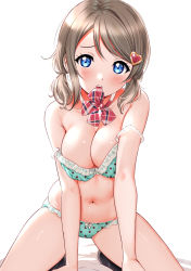 10s 1girl alternate_hairstyle arm_support bare_arms bare_shoulders bed bed_sheet black_legwear blue_eyes blush bow bowtie bra breasts cleavage green_bra green_panties grey_hair hair_ornament heart highres kneeling lace lace-trimmed_bra lace-trimmed_panties lace_trim looking_at_viewer love_live! love_live!_sunshine!! medium_breasts mouth_hold navel panties plaid plaid_bow plaid_bowtie plaid_neckwear polka_dot polka_dot_bra polka_dot_panties sankuro_(agoitei) short_hair simple_background solo strap_slip twintails underwear underwear_only watanabe_you white_background rating:Sensitive score:87 user:danbooru