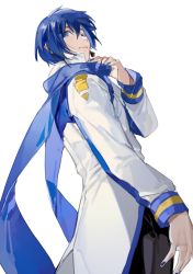  1boy blue_eyes blue_hair bokyo coat from_below from_side highres kaito_(vocaloid) kaito_(vocaloid3) long_sleeves looking_at_viewer male_focus scarf simple_background solo vocaloid white_background  rating:Sensitive score:4 user:danbooru