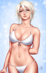 1girl arm_at_side arm_behind_back bare_arms bare_shoulders bikini blue_background blue_eyes borrowed_character breasts bright_pupils cleavage closed_mouth collarbone dated front-tie_bikini_top front-tie_top gradient_background hair_between_eyes halterneck hand_on_own_arm highres large_breasts looking_at_viewer navel original realistic ribbon sciamano240 short_hair signature solo stomach swimsuit white_bikini white_hair white_ribbon rating:Sensitive score:101 user:danbooru