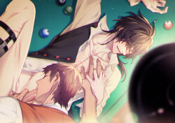  2boys asahi_(baiyameng) black_hair blush closed_eyes erection facial_hair fellatio hand_on_another&#039;s_chest holding_hands looking_at_another male_focus medium_hair multiple_boys multiple_scars murase_takuma one_eye_closed open_clothes open_mouth oral pool_table scar scar_on_chest scar_on_face shirt short_hair slow_damage spread_legs stubble table towa_(slow_damage) upper_body yaoi yellow_eyes  rating:Explicit score:6 user:danbooru