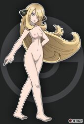 1girl absurdres arm_at_side armpits artist_name asymmetrical_bangs barefoot black_background blonde_hair breasts cleft_of_venus clenched_hand collarbone completely_nude creatures_(company) cynthia_(pokemon) eyelashes feet female_focus fingernails floating_hair full_body game_freak grey_eyes groin hair_bobbles hair_ornament hair_over_one_eye hand_on_own_hip highres legs long_hair looking_at_viewer looking_to_the_side medium_breasts navel neck nilterguy nintendo nipples nude nude_filter official_art_nude_filter poke_ball_symbol pokemon pokemon_dppt pussy sidelocks smirk smug standing thighs third-party_edit toenails toes unworn_clothes very_long_hair walking 