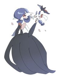 1girl alternate_color backless_dress backless_outfit black_dress blue_eyes blue_flower blue_hair blush blush_stickers bob_cut closed_mouth colored_skin creatures_(company) dress earrings eye_contact female_focus floating floette floette_(blue_flower) flower full_body game_freak gardevoir gen_3_pokemon gen_6_pokemon hair_over_one_eye happy highres holding_hands jewelry long_dress looking_at_another looking_to_the_side mame_(pixiv_57985908) mega_gardevoir mega_pokemon mega_stone nintendo one_eye_covered open_mouth petals pokemon pokemon_(creature) red_eyes shiny_pokemon short_hair simple_background smile standing strapless strapless_dress white_background white_skin