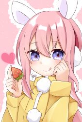  100_percent_orange_juice 1girl animal_ears blush earmuffs food fruit heart high_collar highres holding holding_food holding_fruit long_hair long_sleeves looking_at_viewer nico_(orange_juice) pink_hair pom_pom_(clothes) purple_eyes rabbit_ears rabbit_girl smile solo strawberry tongue tongue_out u_amy1207 upper_body 