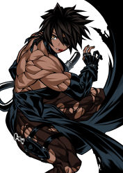  1girl absurdres animal_ears back_muscles backless_dress backless_outfit black_dress black_gloves blood breasts brown_hair cat_ears cat_tail dark-skinned_female dark_skin desperado_(yotaro) dress eyepatch fighting gloves highres knife_sheath large_breasts mao_(yotaro) mouth_hold muscular muscular_female pantyhose pelvic_curtain sheath simple_background smile solo tail teeth teeth_hold thick_thighs thigh_strap thighhighs thighs tight_clothes torn_clothes torn_dress weapon white_background yellow_eyes yotaro  rating:Explicit score:17 user:byoma994