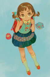  1girl backpack bag blue_background blue_eyes blue_shirt blue_skirt brown_hair child chromatic_aberration clenched_hands closed_mouth collar collared_shirt daruma_doll full_body glasses green_footwear grey_skirt hands_up highres holding_strap leaning leaning_forward light_frown looking_to_the_side original painterly perspective pofu31 polka_dot polka_dot_skirt red_bag red_footwear round_eyewear shirt shoes short_hair short_sleeves short_twintails signature simple_background skirt socks solo standing straight-on twintails two-tone_footwear two-tone_skirt white_collar white_socks wing_collar wispy_bangs 