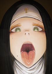  1girl blonde_hair colored_eyelashes cross face female_focus green_eyes highres looking_at_viewer mmmmmkun nostrils nun open_mouth oral_invitation original pubic_hair runny_makeup saliva simple_background solo stray_pubic_hair teeth tongue tongue_out traditional_nun uvula veil  rating:Questionable score:352 user:danbooru
