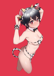 1girl absurdres animal_ears animal_print armpits ass bikini black_bow black_bowtie black_hair blush bow bowtie breasts chinese_zodiac cleavage closed_mouth commentary cow_ears cow_horns cow_print cow_tail cowboy_shot cropped_legs detached_collar eyebrows_hidden_by_hair eyelashes eyepatch_bikini fake_animal_ears fake_horns fake_tail fatzhai from_above from_side highres horns looking_at_viewer medium_breasts original print_bikini red_background red_eyes short_hair simple_background solo standing string_bikini swimsuit tail wing_collar wrist_cuffs year_of_the_ox rating:Sensitive score:58 user:danbooru