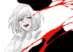  1boy :d akudama_drive blood blurry blurry_foreground cutthroat_(akudama_drive) decapitation looking_at_viewer medium_hair miwayama mole mole_under_eye open_mouth shirt simple_background smile solo_focus upper_body white_background white_hair white_shirt 