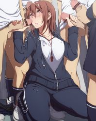 1girl 4boys bar_censor blush brown_eyes brown_hair bukkake censored collarbone cum cum_in_mouth cum_on_clothes cum_on_hair double_handjob facial glasses handjob highres jacket male_pubic_hair multiple_boys multiple_penises nagioka original pants penis penis_on_head pointless_censoring pubic_hair shoes short_hair sneakers solo_focus testicles track_jacket track_pants track_suit whistle rating:Explicit score:146 user:TiTaNz