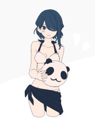  1girl bikini blue_eyes blue_hair blush_stickers cropped_legs hair_over_one_eye highres holding holding_stuffed_toy looking_at_viewer maco22 original sarong short_hair smile solo stuffed_animal stuffed_panda stuffed_toy swimsuit 