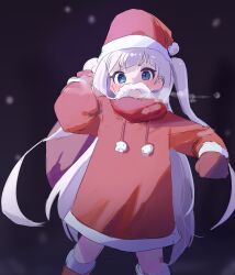  1girl alternate_costume bare_legs black_background blue_archive blue_eyes boots cherino_(blue_archive) dress hat looking_at_viewer nonoa santa_dress santa_hat simple_background solo twintails white_background white_hair  rating:Sensitive score:0 user:buster2222