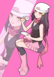  1girl ayan_ip beanie black_hair black_shirt boots closed_mouth commentary_request creatures_(company) cup dawn_(pokemon) eyelashes full_body game_freak hair_ornament hairclip hat highres holding holding_cup holding_saucer invisible_chair jewelry long_hair nintendo over-kneehighs pink_background pink_footwear pink_skirt pokemon pokemon_adventures ring saucer scarf shirt sidelocks sitting skirt sleeveless sleeveless_shirt smile teacup thighhighs white_hat yellow_eyes zoom_layer 