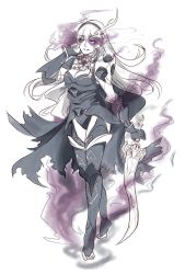  1girl alternate_costume anankos armor aura barefoot black_armor breasts cape cleavage collar corrin_(female)_(fire_emblem) corrin_(female)_(nohr_noble)_(fire_emblem) corrin_(fire_emblem) corruption crystal dark_persona evil evil_smile feet fire_emblem fire_emblem_fates gloves glowing glowing_eyes hairband highres holding holding_sword holding_weapon horns intelligent_systems jewelry large_breasts long_hair nintendo pointy_ears possessed possession red_eyes rikariart sketch slit_pupils smile smoke solo standing sword thighhighs thighs tiptoes torn_cape torn_clothes weapon white_background white_hair  rating:Sensitive score:12 user:Vely