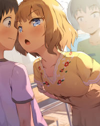  1girl 2boys ahoge angry black_hair blue_eyes blush brown_hair classroom closed_mouth collarbone commentary day desk dot_nose dress eyebrows eyelashes green_shirt hair_ornament highres idolmaster idolmaster_cinderella_girls indoors layered_sleeves leaning_forward loli medium_hair multiple_boys open_mouth print_dress purple_shirt school_desk seneto shirt short_hair short_sleeves shota suou_momoko wavy_hair wavy_mouth yellow_dress  rating:Questionable score:337 user:FabricioDias