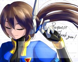  1girl absurdres adjusting_hair aile_(mega_man_zx) asso_(asso_648) black_bodysuit blue_jacket bodysuit bodysuit_under_clothes brown_hair closed_eyes commentary_request hair_tie highres jacket long_hair mega_man_(series) mega_man_zx mega_man_zx_advent open_clothes open_jacket ponytail request_inset robot_ears simple_background smile solo thank_you translation_request upper_body white_background 