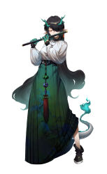  1girl alternate_costume arknights black_hair chinese_clothes chinese_commentary colored_extremities commentary_request dragon_girl dragon_horns dragon_tail dusk_(arknights) flute full_body ghosty_(xiaobai) hair_over_one_eye hands_up highres holding holding_instrument horns instrument long_hair long_sleeves looking_at_viewer music one_eye_covered orange_eyes playing_instrument pointy_ears shakuhachi simple_background solo standing tail white_background 
