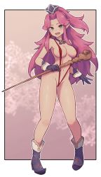 1girl angela_(seiken_densetsu_3) areola_slip breasts covered_erect_nipples female_pubic_hair gloves green_eyes highres lamb-oic029 large_breasts long_hair medium_breasts pubic_hair purple_hair seiken_densetsu seiken_densetsu_3 slingshot_swimsuit smile solo swimsuit  rating:Questionable score:55 user:Vardigiil