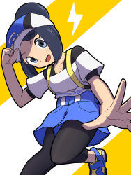 1girl :d absurdres bettie_(pokemon) black_eyes black_hair blue_footwear blue_hat commentary_request creatures_(company) game_freak hair_bun hat highres leggings_under_shorts looking_at_viewer nintendo open_mouth pokemon pokemon_masters_ex shio_onigiri shirt shorts smile solo two-tone_background white_background white_shirt yellow_background