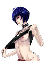  10s 1girl artist_request belt blue_hair breasts clothes_lift collar highres jewelry looking_at_viewer medium_breasts navel navel_piercing necklace nipples persona persona_5 piercing red_eyes shirt_lift short_hair simple_background solo takemi_tae upper_body  rating:Questionable score:51 user:FubukiAmagi