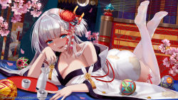  1girl :d alcohol ass azur_lane ball bed bed_frame bed_sheet window_blinds blunt_bangs blush breasts choko_(cup) cleavage collarbone crescent_moon cup d._(ddot2018) drunk eyeshadow flower foreshortening hair_flower hair_ornament highres indoors japanese_clothes kimono large_breasts legs_up long_hair looking_at_viewer lying makeup moon night night_sky no_shoes nose_blush off_shoulder official_art on_bed on_stomach open_mouth petals pink_flower ribbon-trimmed_legwear ribbon_trim sake shoukaku_(azur_lane) silver_hair single_bare_shoulder sky smile solo sweat tassel temari_ball thighhighs tokkuri tray white_kimono white_thighhighs wind_chime window zettai_ryouiki  rating:Sensitive score:79 user:danbooru