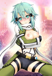  10s 1girl aqua_eyes aqua_hair bike_shorts black_gloves blush breast_hold breasts breasts_out cahps cameltoe chaps fingerless_gloves gloves harukigenia looking_at_viewer nipples no_bra scarf short_hair sinon solo sword_art_online  rating:Questionable score:75 user:danbooru