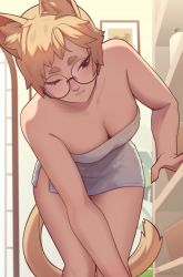  1girl animal_ear_fluff animal_ears bare_arms bare_shoulders bent_over blonde_hair blue_eyes breasts cat_ears cat_girl cat_tail commentary glasses indoors medium_breasts naked_towel one_eye_closed original razalor round_eyewear short_hair solo symbol-only_commentary tail thick_eyebrows towel  rating:Sensitive score:43 user:danbooru