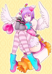 1girl angel_wings arm_warmers bad_id bad_pixiv_id full_body heart knees_together_feet_apart kusagami_style looking_at_viewer original pink_eyes purple_hair short_hair striped_clothes striped_thighhighs thighhighs wings yellow_background