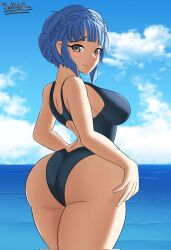  1girl alternate_costume artist_name ass bare_shoulders blue_hair blue_sky breasts brown_eyes closed_mouth cloud female_focus fire_emblem fire_emblem:_three_houses highres large_breasts light_blush looking_at_viewer looking_back marianne_von_edmund nintendo ocean one-piece_swimsuit outdoors sky smile solo source_request standing swimsuit thighs 