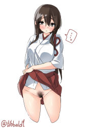 ... 1girl akagi_(kancolle) black_eyes blush breasts brown_hair clothes_lift cowboy_shot cropped_legs ebifurya female_pubic_hair gluteal_fold groin hair_between_eyes hakama hakama_short_skirt hakama_skirt highres japanese_clothes kantai_collection large_breasts lifted_by_self long_hair looking_at_viewer no_panties open_mouth pubic_hair pussy_juice sidelocks simple_background skirt skirt_lift solo spoken_ellipsis twitter_username white_background rating:Explicit score:13 user:danbooru