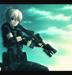  1girl adaptive_combat_rifle assault_rifle belt belt_pouch blonde_hair blue_eyes buckle cloud eotech fingerless_gloves gloves gun hair_up holding holding_gun holding_weapon kiryuu_sayane letterboxed long_hair military_operator onibi_(foxhound4185) original ponytail pouch rifle sig_sauer sig_sauer_556 silver_hair snap-fit_buckle solo tactical_clothes trigger_discipline weapon  rating:Sensitive score:22 user:danbooru