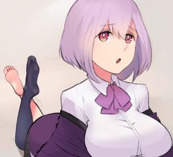  10s 1girl barefoot black_legwear bow breasts collared_shirt feet gridman_universe highres jacket large_breasts light_purple_hair looking_at_viewer lying off_shoulder on_stomach open_mouth parted_lips pink_eyes purple_bow purple_jacket purple_neckwear scathegrapes shinjou_akane shirt short_hair single_sock socks soles ssss.gridman the_pose toes  rating:Sensitive score:62 user:ssfl