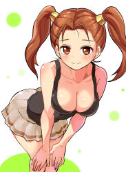 1girl black_tank_top blush breasts brown_eyes brown_hair cleavage closed_mouth collarbone commission contemporary cougar_(cougar1404) dragon_quest dragon_quest_viii earrings hair_ornament hand_on_own_knee jessica_albert jewelry large_breasts leaning_forward light_blush long_hair looking_at_viewer skeb_commission skirt smile solo standing tank_top twintails rating:Sensitive score:41 user:danbooru