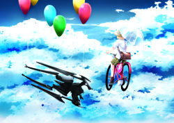  balloon bicycle blonde_hair bokurano cloud crossover flying hat highres mecha miles owari_to_hajimari_no_miles parody robot skirt sky umbrella zearth  rating:Sensitive score:2 user:sky9swim