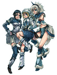 3girls armor blush capcom character_request highres horns kirin_(armor) monster_hunter_(series) ms._m.h. multiple_girls single_horn smile takanashi_ringo thighhighs 