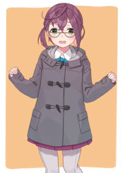  1girl blush coat crossed_bangs glasses green_eyes grey_coat grey_pantyhose hair_between_eyes kantai_collection long_sleeves looking_at_viewer mitsuyo_(mituyo324) multicolored_hair okinami_(kancolle) pantyhose pink_hair purple_hair short_hair simple_background sleeves_past_wrists solo two-tone_background 