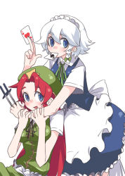  2girls bad_id bad_pixiv_id between_fingers blue_eyes braid card card_in_mouth female_focus hat holding holding_card hong_meiling izayoi_sakuya knife long_hair maid mouth_hold multiple_girls red_hair ribbon short_hair embodiment_of_scarlet_devil throwing_knife tima touhou weapon white_hair  rating:Sensitive score:5 user:ShadowbladeEdge