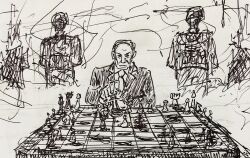  3boys benjamin_netanyahu bishop_(chess) board_game bulletproof_vest business_suit chess chess_piece fog forehead formal greyscale helmet highres holding holding_chess_piece jaggy_lines knight_(chess) monochrome multiple_boys necktie non-web_source old old_man original pants playing_chess politician politics queen_(chess) real_life rook_(chess) shadow short_hair silhouette soldier suit torso vest 