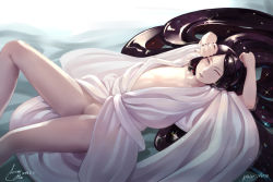  2018 ambiguous_gender androgynous black_eyes black_hair bort_(land_of_the_lustrous) dated featureless_crotch hertro highres land_of_the_lustrous long_hair morning no_genitals no_nipples on_bed one_eye_closed pixiv_id signature teeth very_long_hair waking_up  rating:Questionable score:14 user:CuauhtemocI5MAL