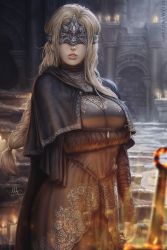  1girl bandaged_arm bandages blindfold blonde_hair blurry braid breasts cape cloak covered_eyes covering_privates covering_breasts cowboy_shot dark_souls_(series) dark_souls_iii depth_of_field fire_keeper highres indoors jewelry lips long_hair mask necklace realistic sciamano240 single_braid solo standing upper_body  rating:Sensitive score:69 user:danbooru