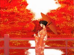  1girl autumn black_hair fence hair_up japanese_clothes oil-paper_umbrella parasol pen_(pen3) solo tree umbrella  rating:Sensitive score:3 user:danbooru